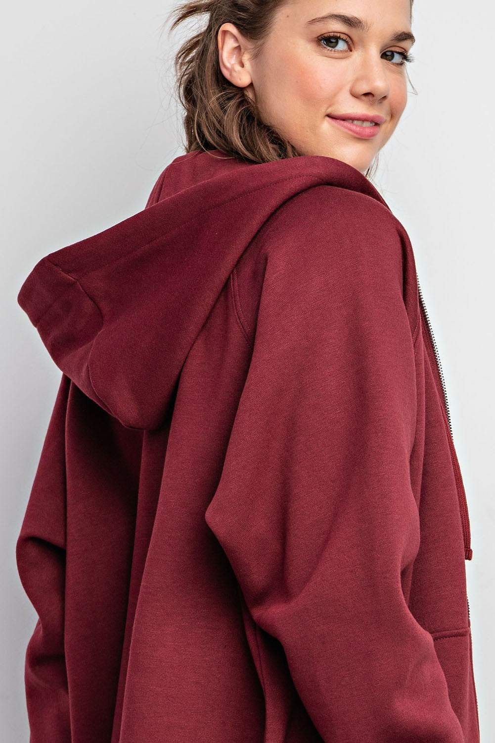 Burgundy Front Zipper Hooded Sweater