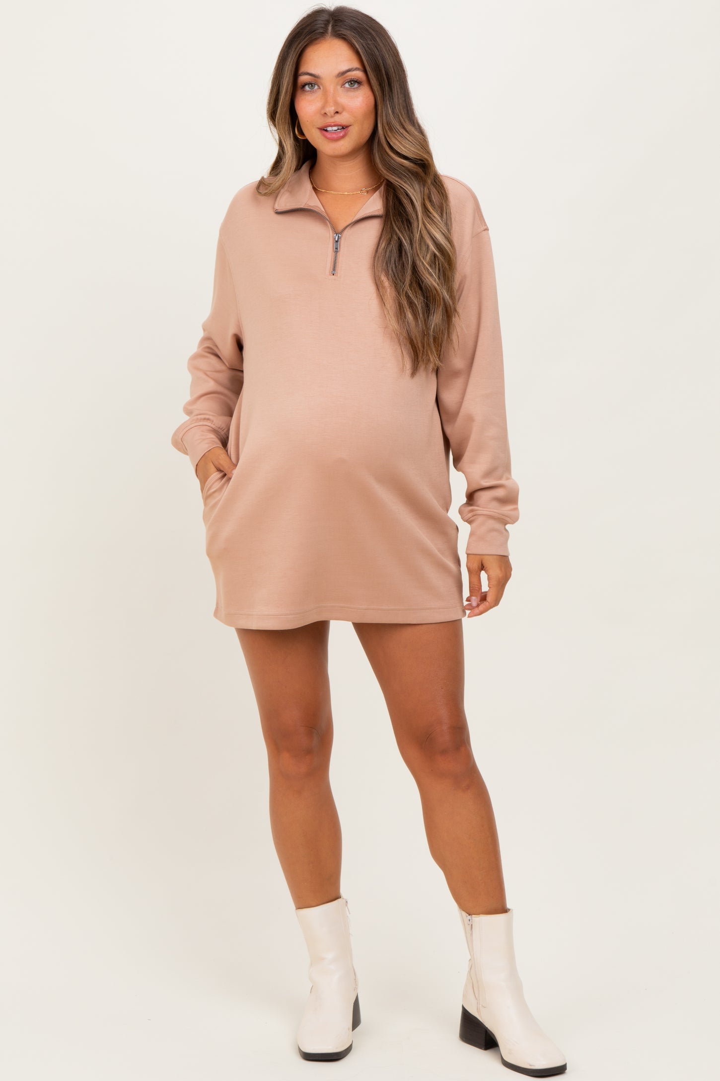 Taupe Half Zip Long Sleeve Maternity Mini Dress