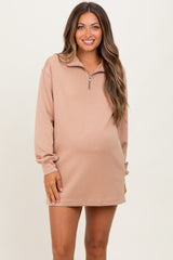 Taupe Half Zip Long Sleeve Maternity Mini Dress