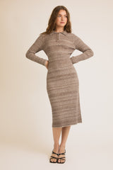 Mocha Striped Rib Knit Polo Sweater Dress