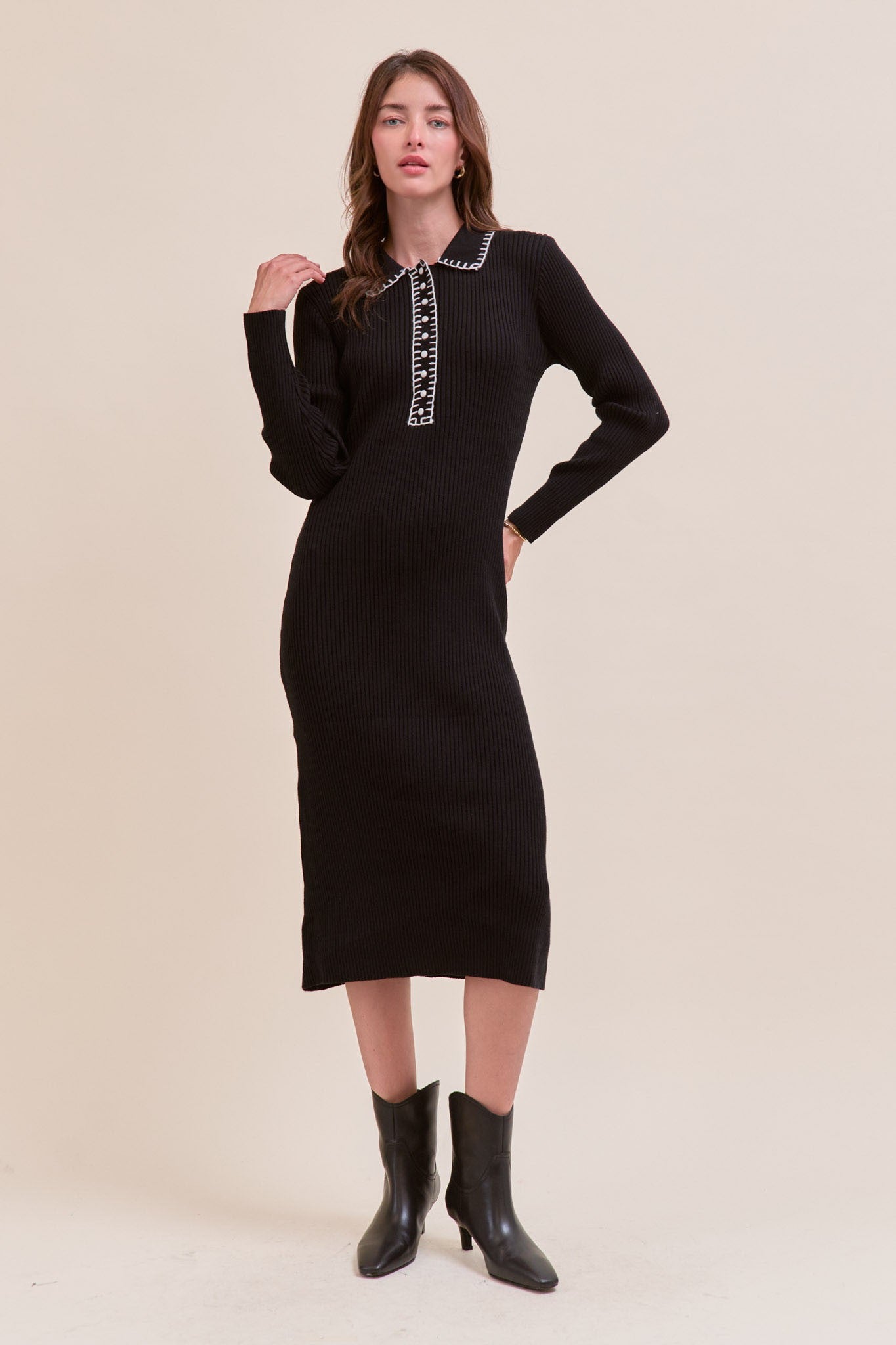Black Contrast Stitch Maternity Midi Sweater Dress