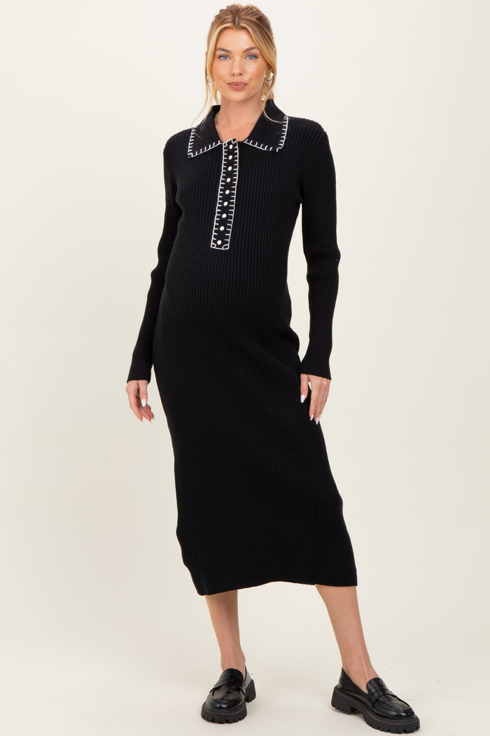 Black Contrast Stitch Maternity Midi Sweater Dress