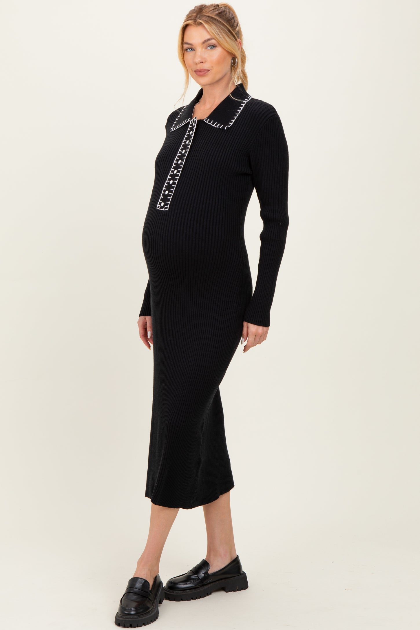 Black Contrast Stitch Maternity Midi Sweater Dress