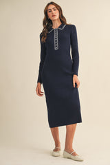 Navy Contrast Stitch Midi Sweater Dress