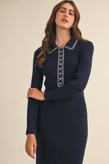 Navy Contrast Stitch Midi Sweater Dress