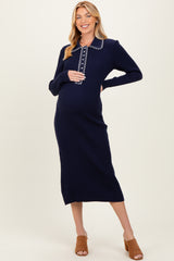 Navy Contrast Stitch Maternity Midi Sweater Dress