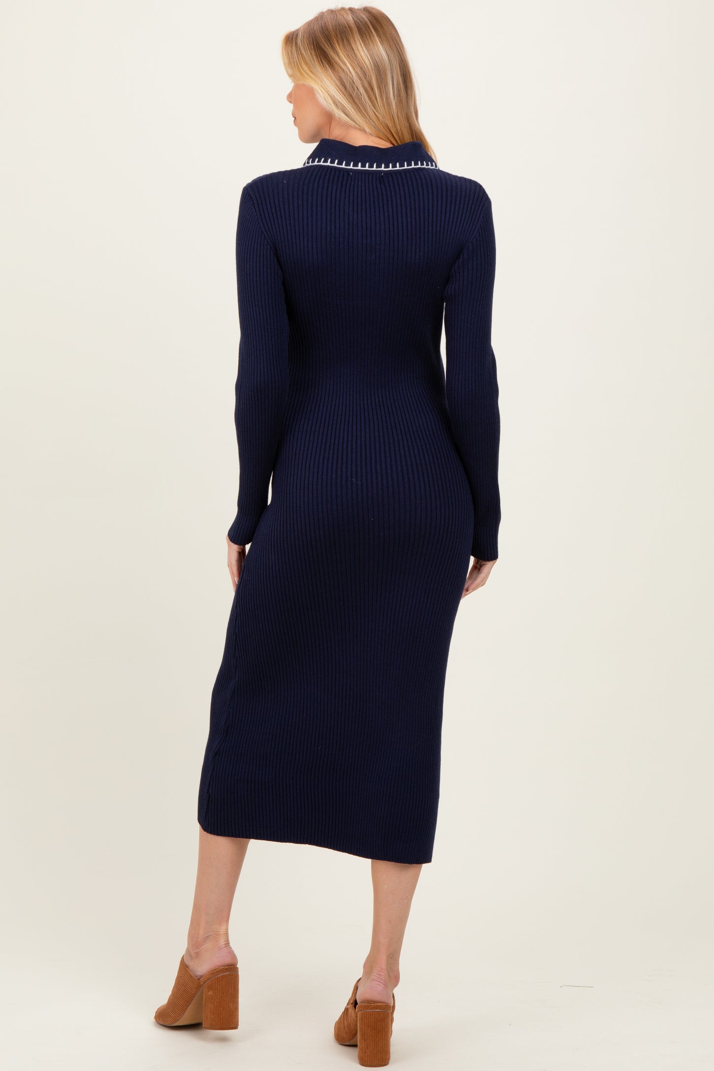 Navy Contrast Stitch Maternity Midi Sweater Dress