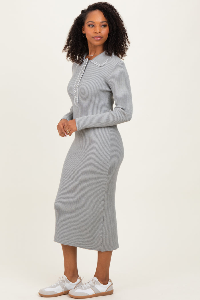 Heather Grey Contrast Stitch Maternity Midi Sweater Dress
