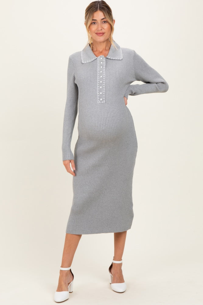 Heather Grey Contrast Stitch Maternity Midi Sweater Dress