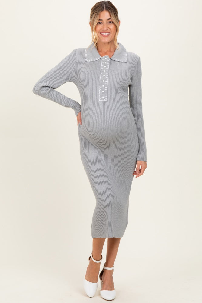 Heather Grey Contrast Stitch Maternity Midi Sweater Dress
