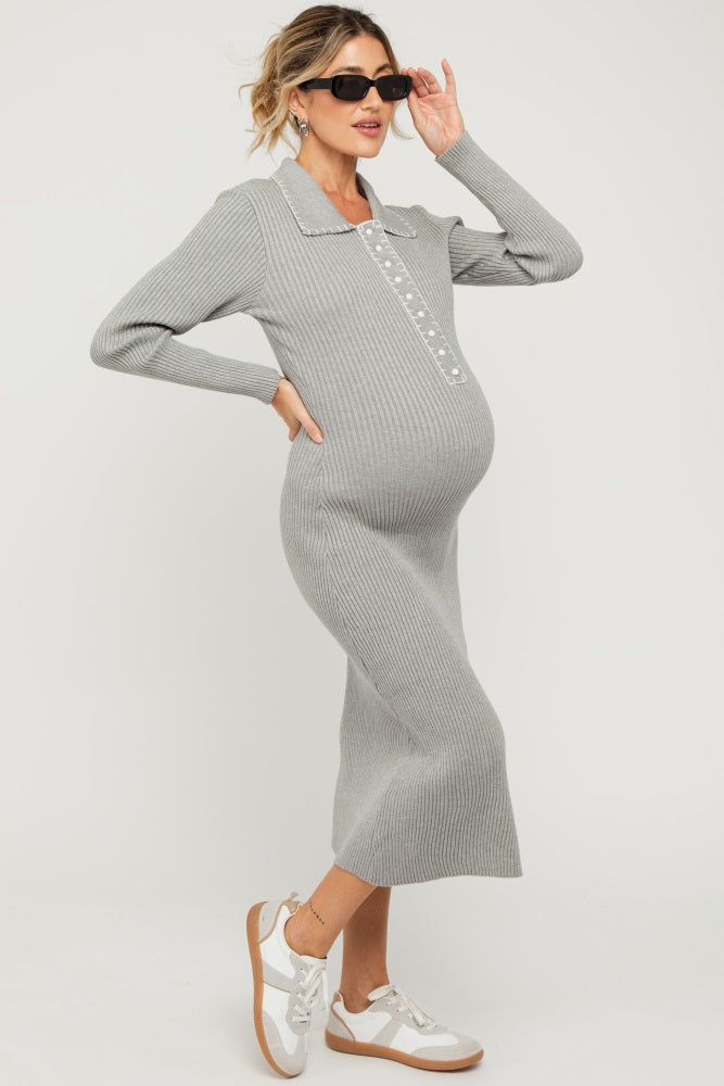 Heather Grey Contrast Stitch Maternity Midi Sweater Dress