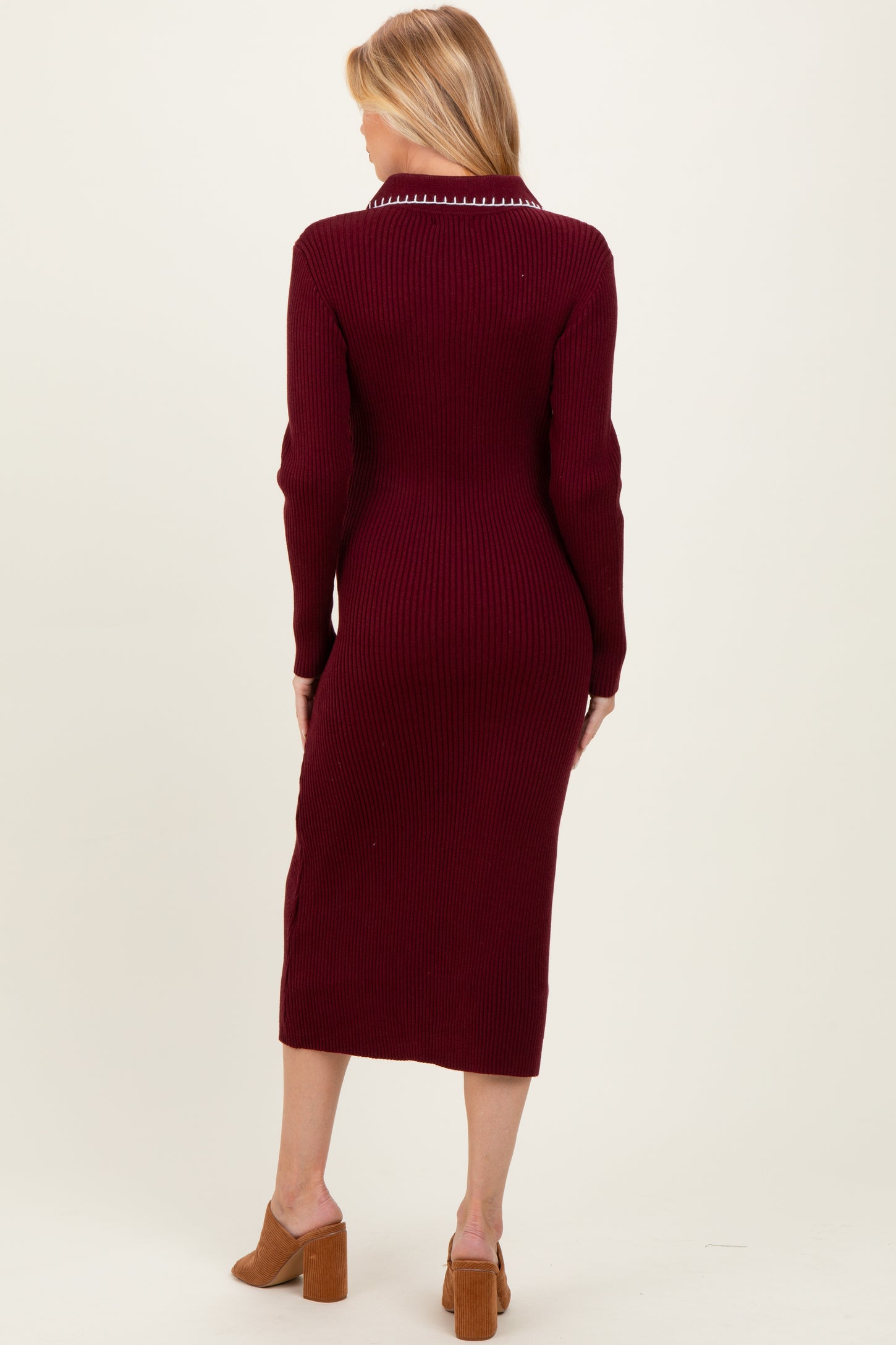 Burgundy Contrast Stitch Maternity Midi Sweater Dress
