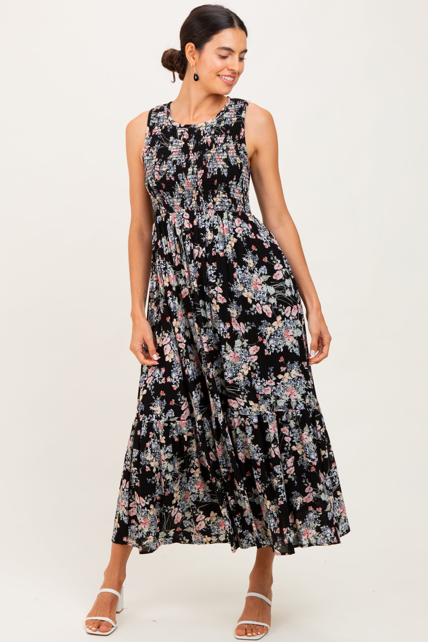 Black Floral Print Smocked Top Sleeveless Tiered Maternity Maxi Dress