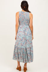 Sage Floral Print Smocked Top Sleeveless Tiered Maxi Dress