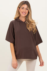 Brown Hooded Short Sleeve Maternity Top