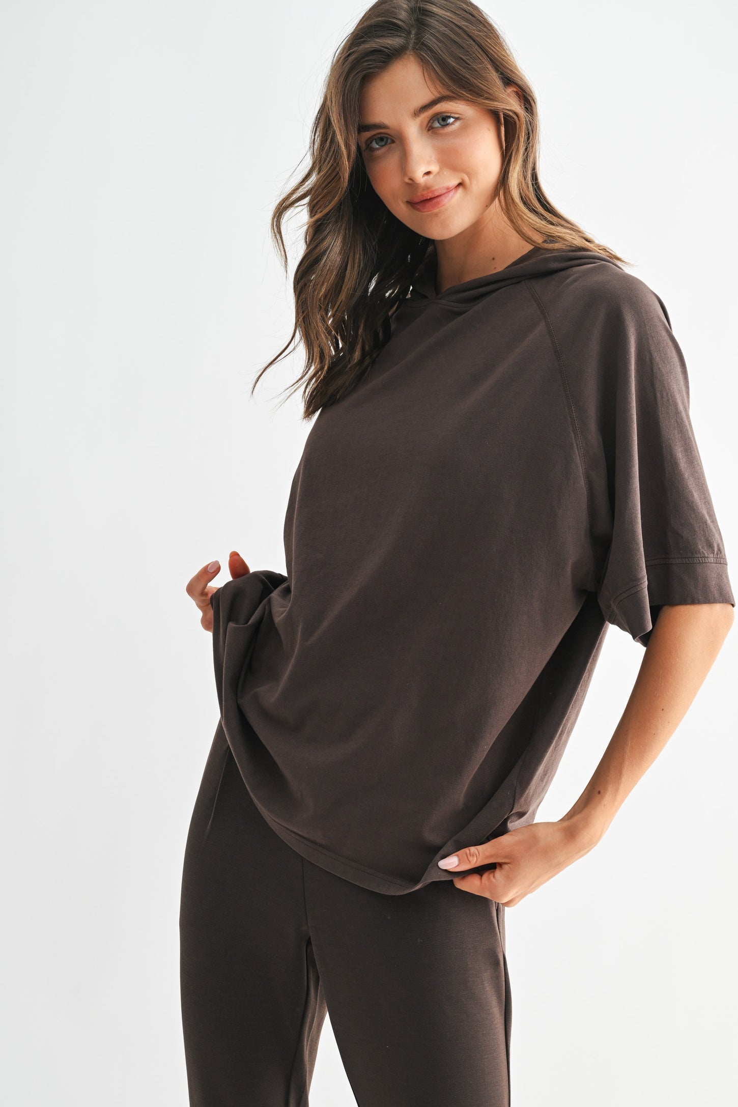 Brown Hooded Short Sleeve Top