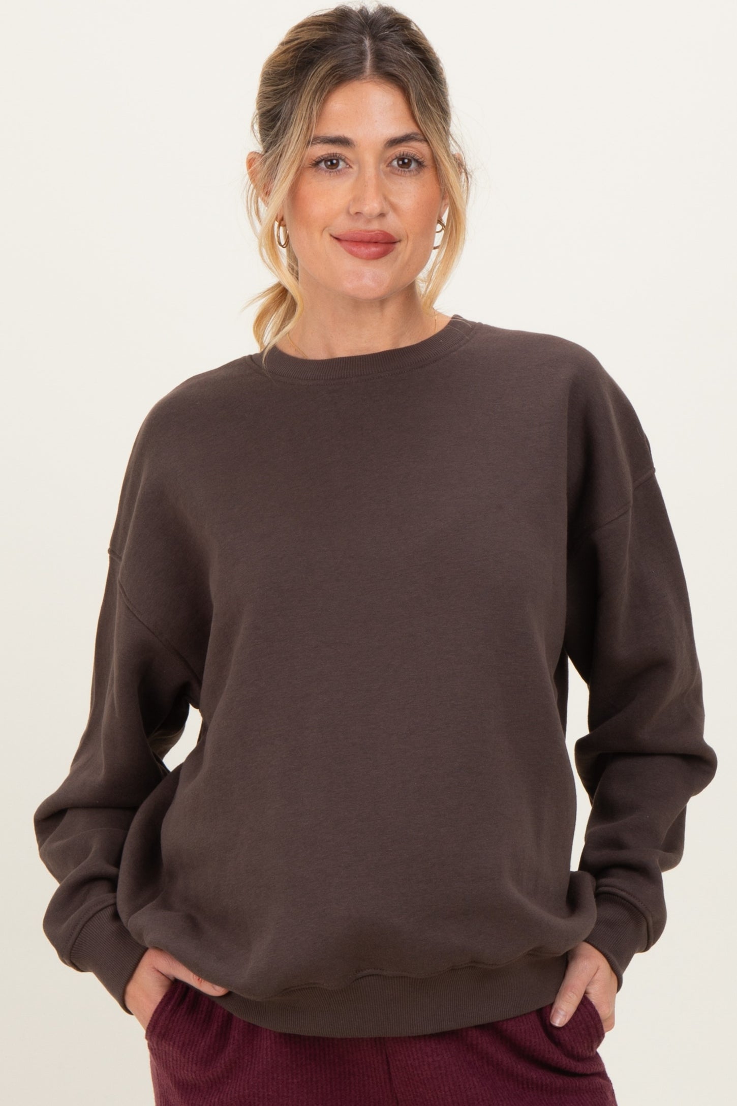Brown Oversized Fleece Maternity Sweatshirt