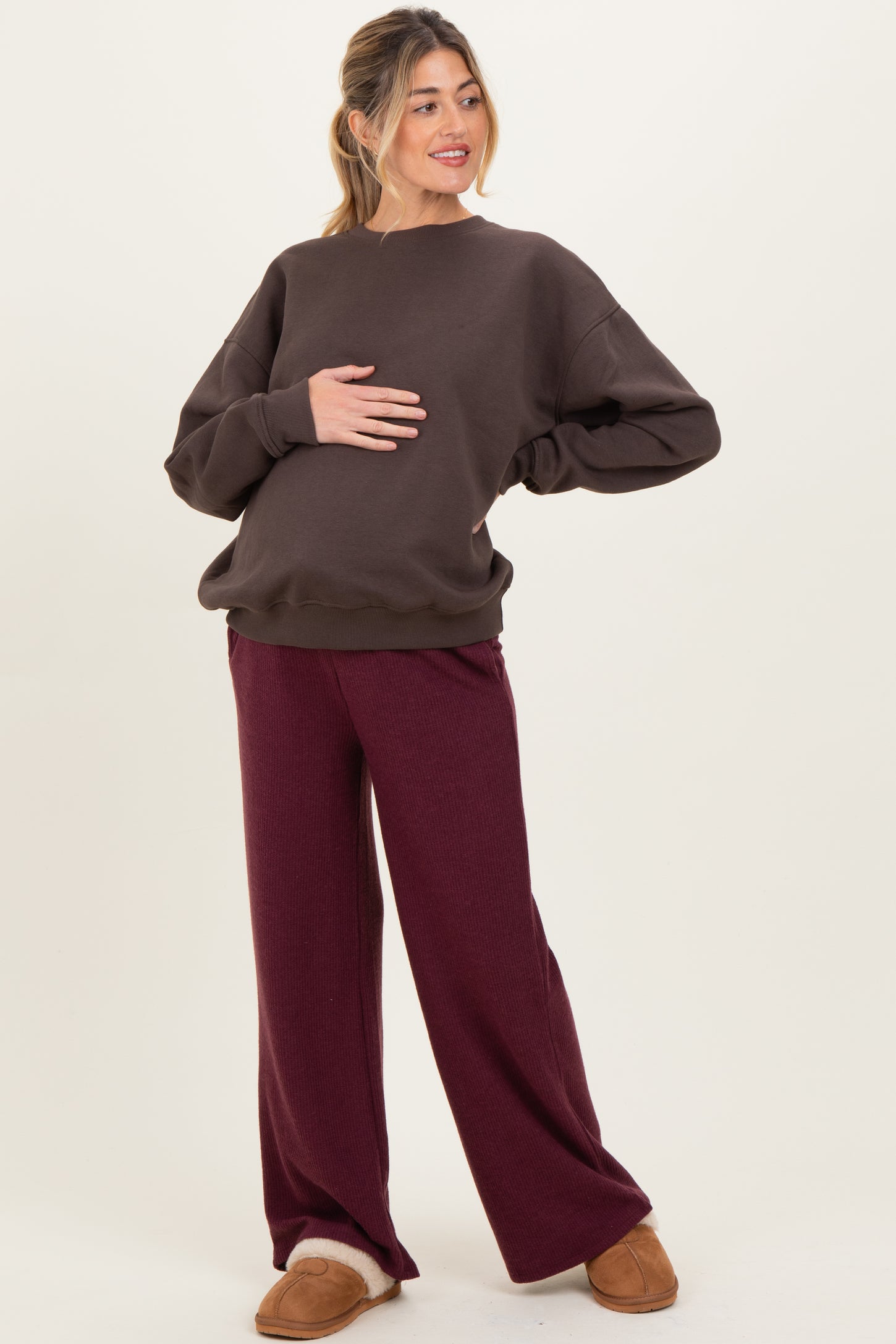 Brown Oversized Fleece Maternity Sweatshirt