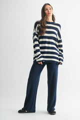 Navy Striped Long Sleeve Sweater Knit Pants Set
