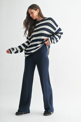 Navy Striped Long Sleeve Sweater Knit Pants Set