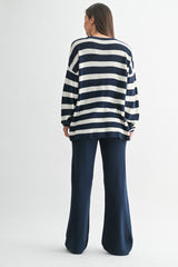 Navy Striped Long Sleeve Sweater Knit Pants Set