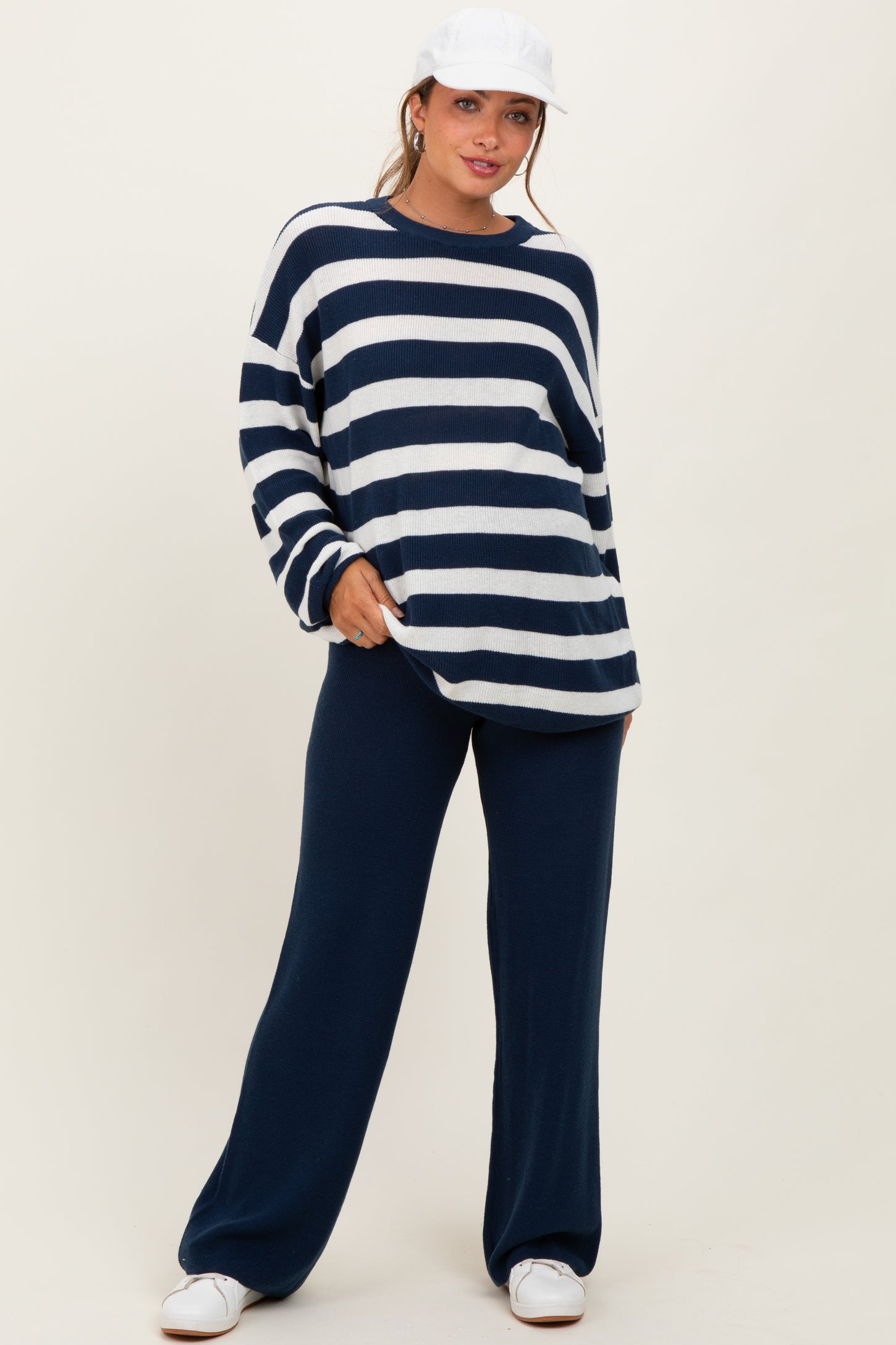 Navy Striped Long Sleeve Sweater Knit Pants Maternity Set