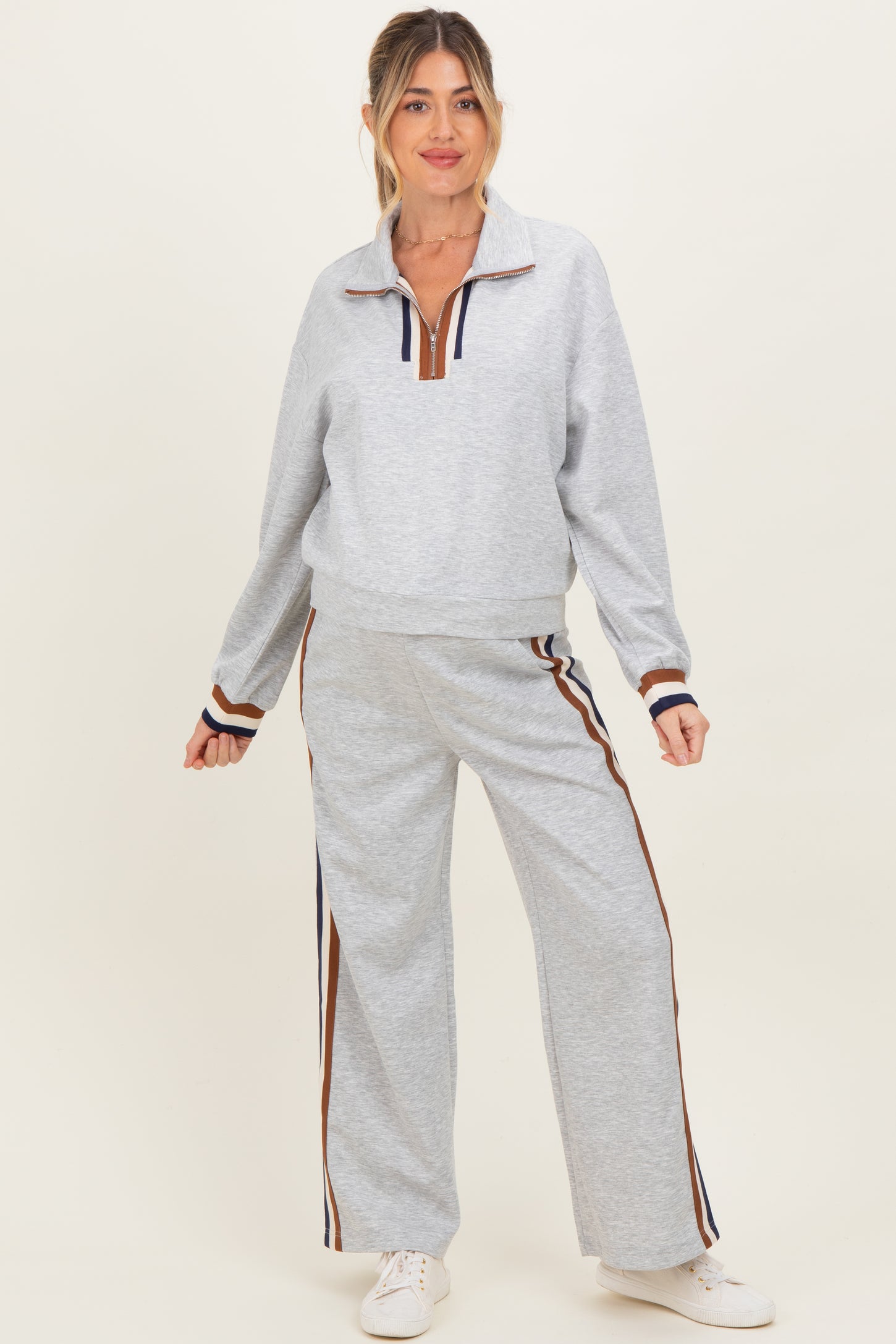 Heather Grey Contrast Trim Half Zip Maternity Sweatshirt