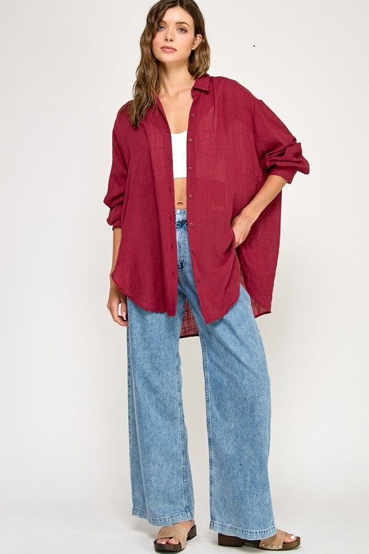 Burgundy Oversized Button Down Shirt