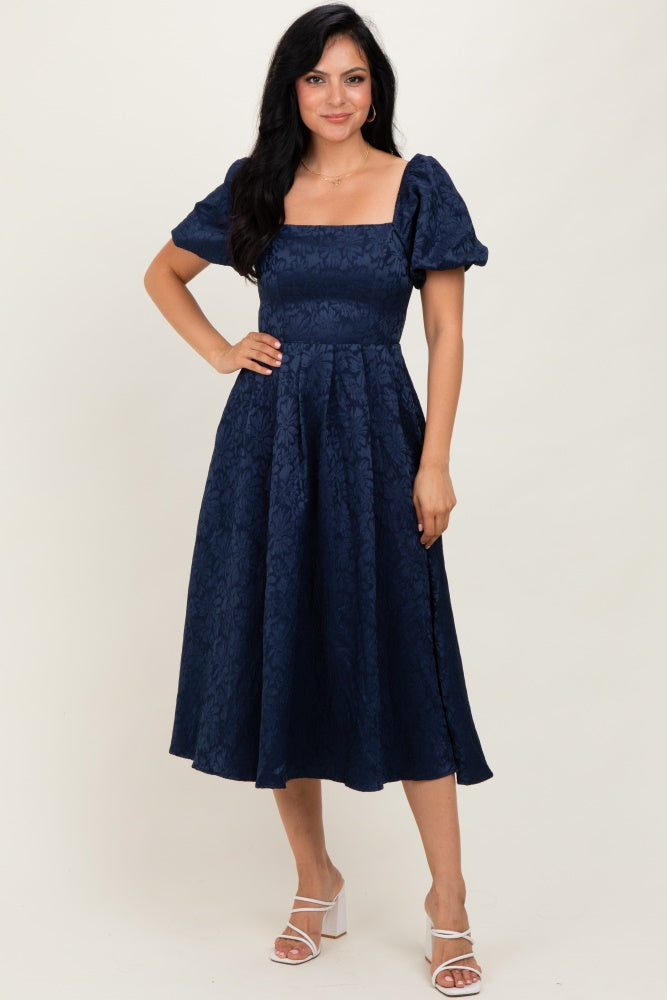 Navy Floral Jacquard Puff Sleeve Midi Dress