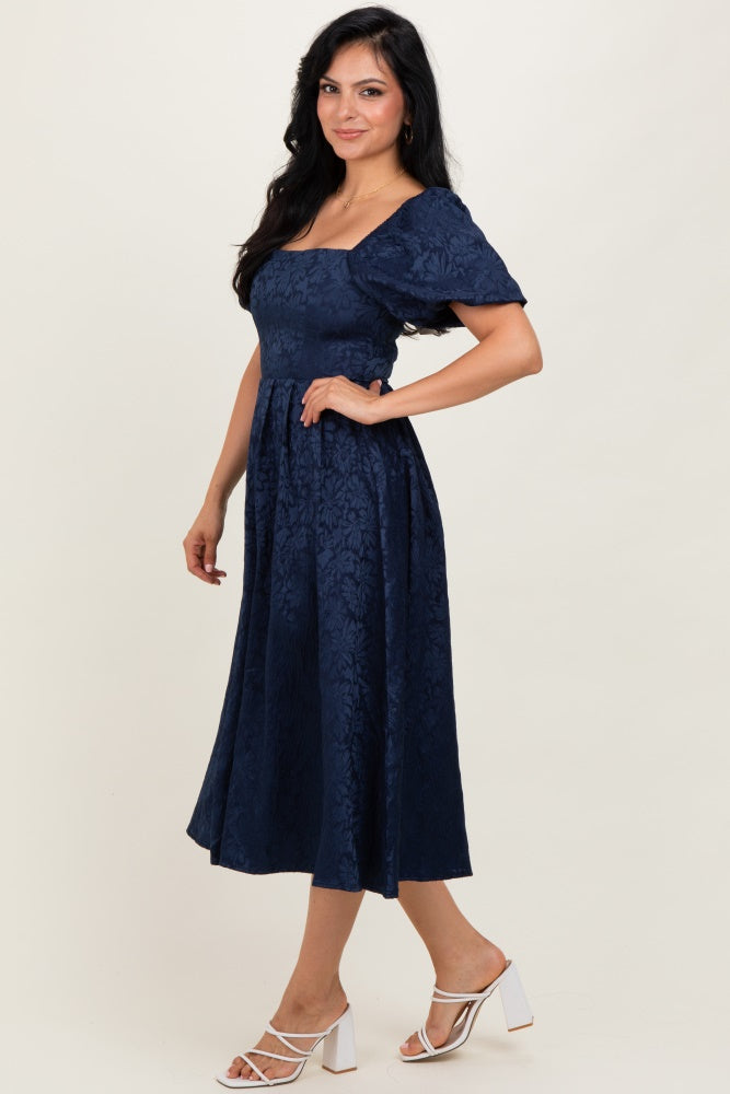 Navy Floral Jacquard Puff Sleeve Midi Dress