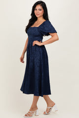 Navy Floral Jacquard Puff Sleeve Midi Dress