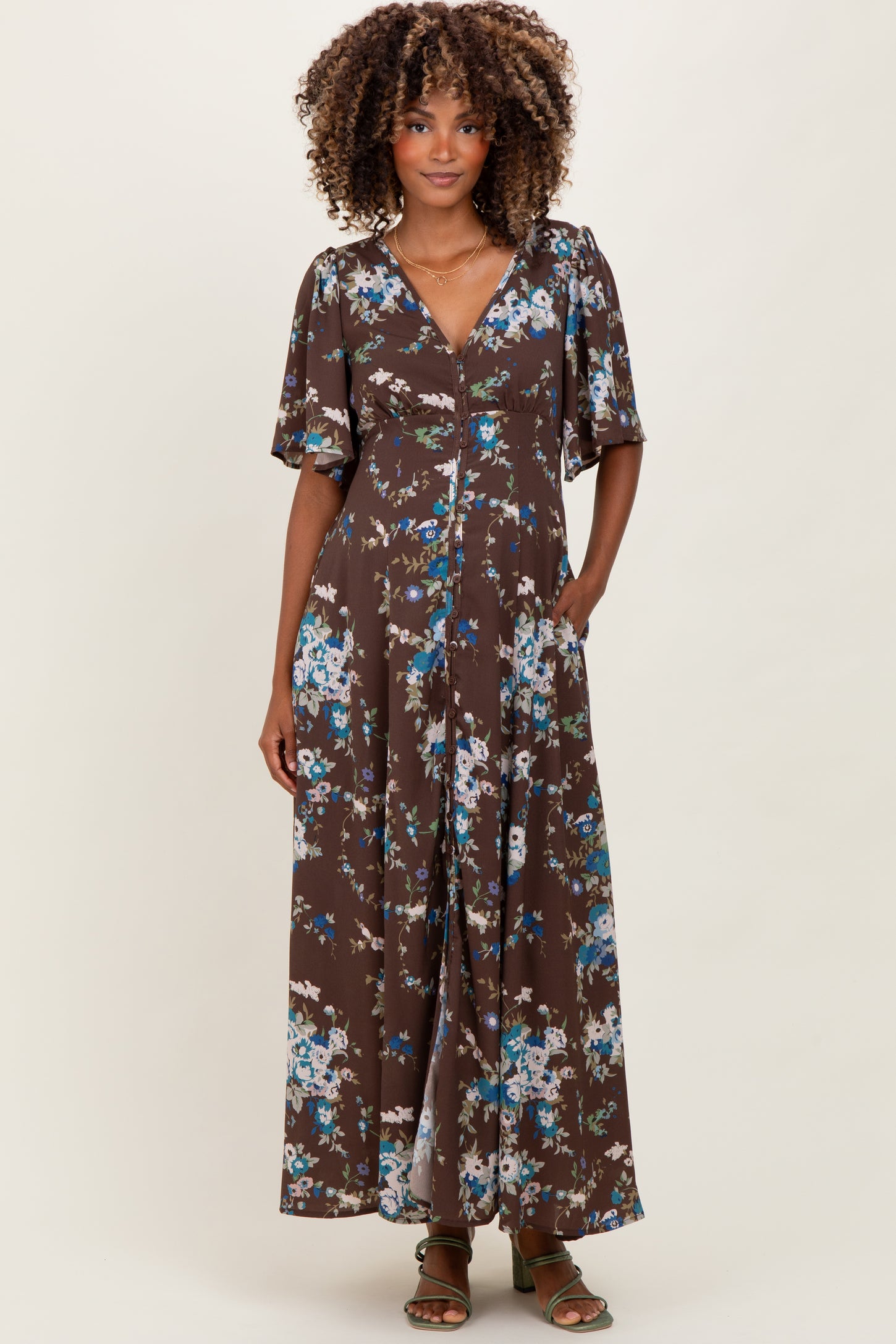 Brown Floral Flutter Button Down Maternity Maxi Dress