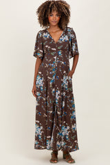 Brown Floral Flutter Button Down Maternity Maxi Dress