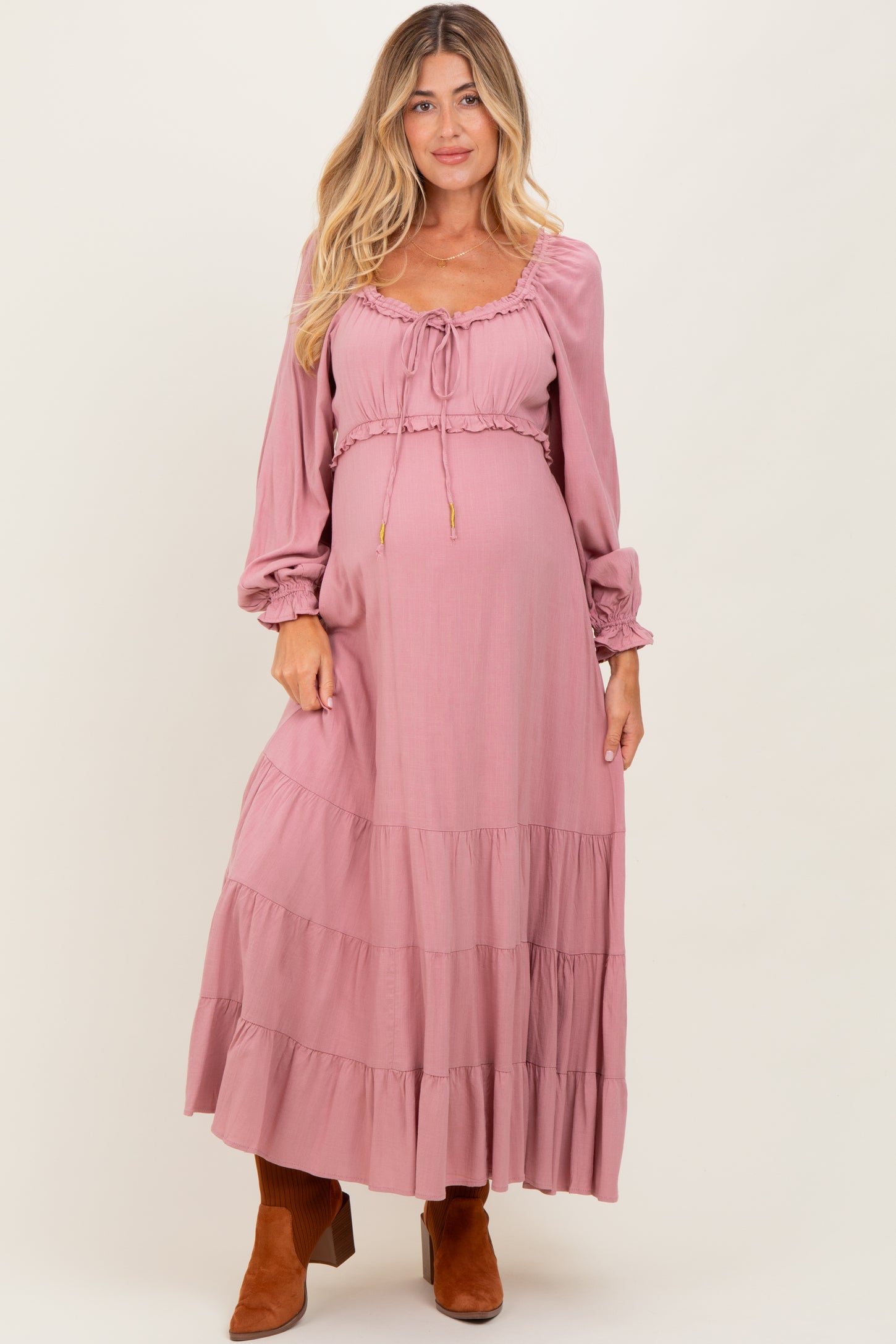 Mauve Ruffled Fit And Flare Maternity Maxi Dress