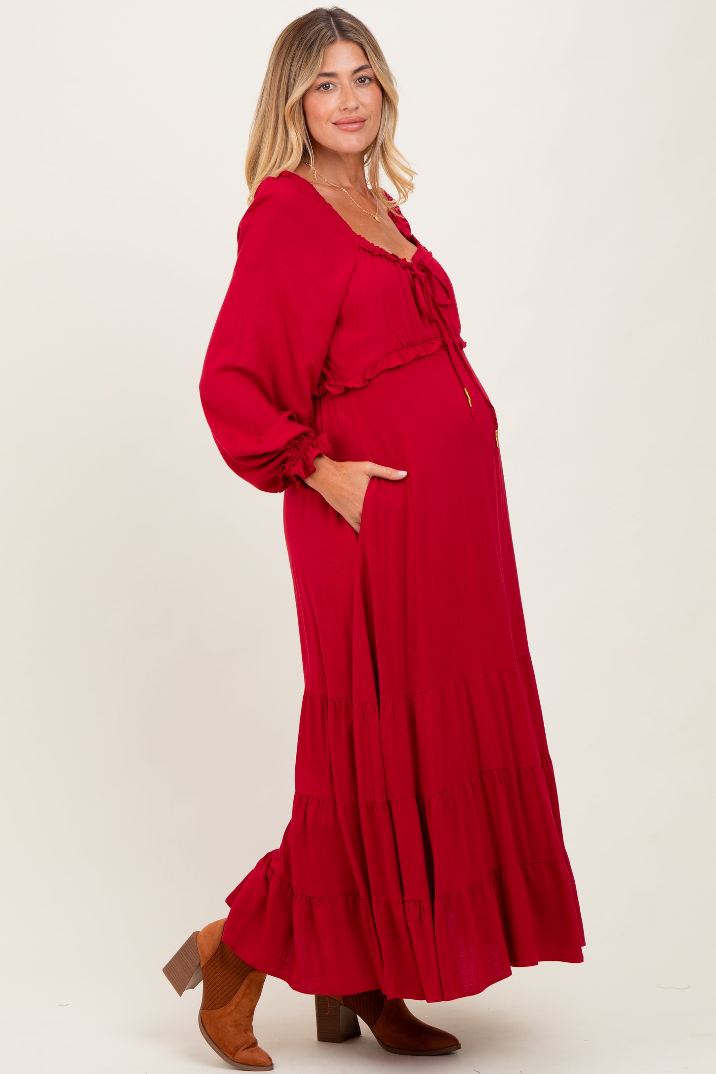 Red Ruffled Fit And Flare Maternity Maxi Dress