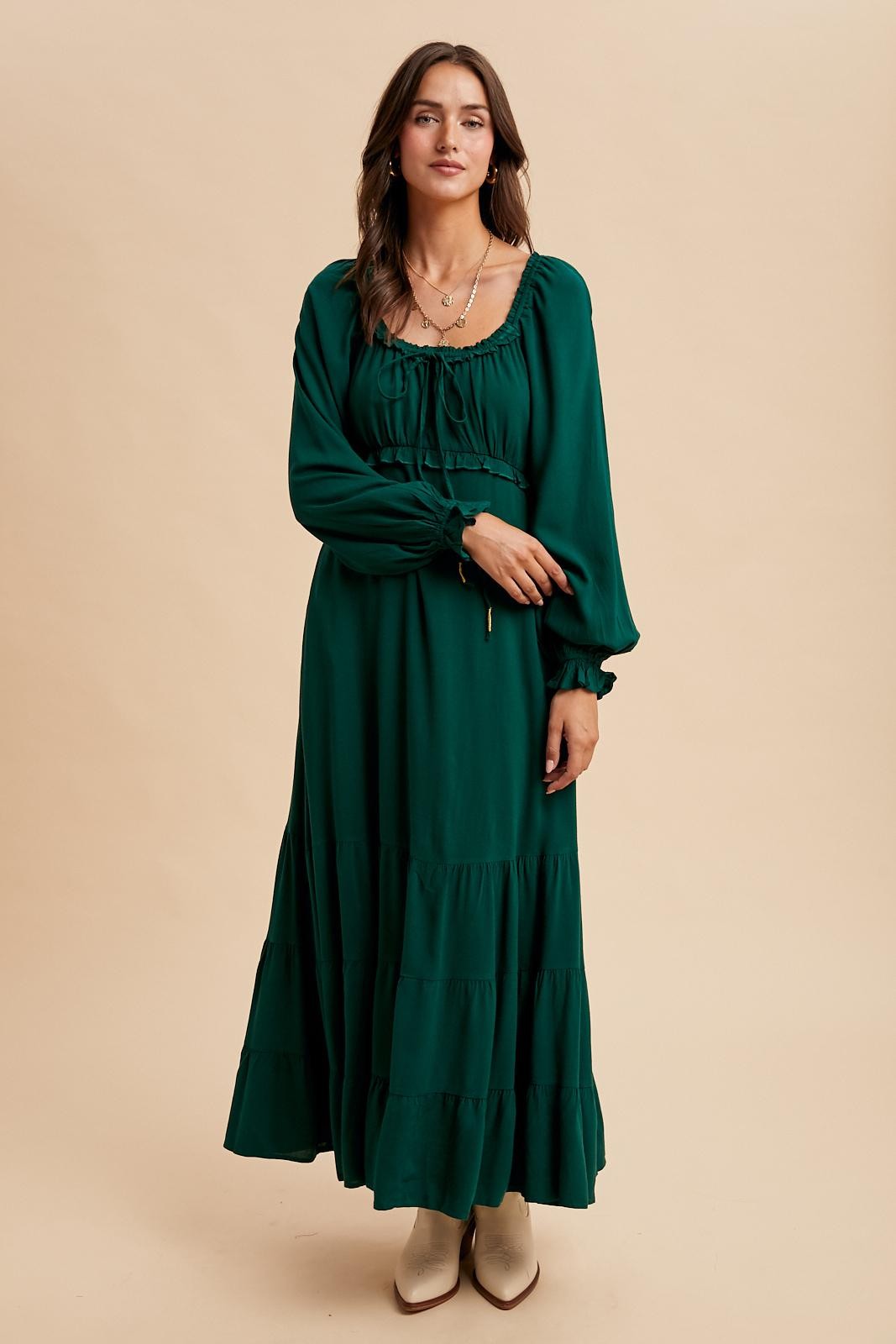 Forest Green Ruffled Fit And Flare Maxi Dress