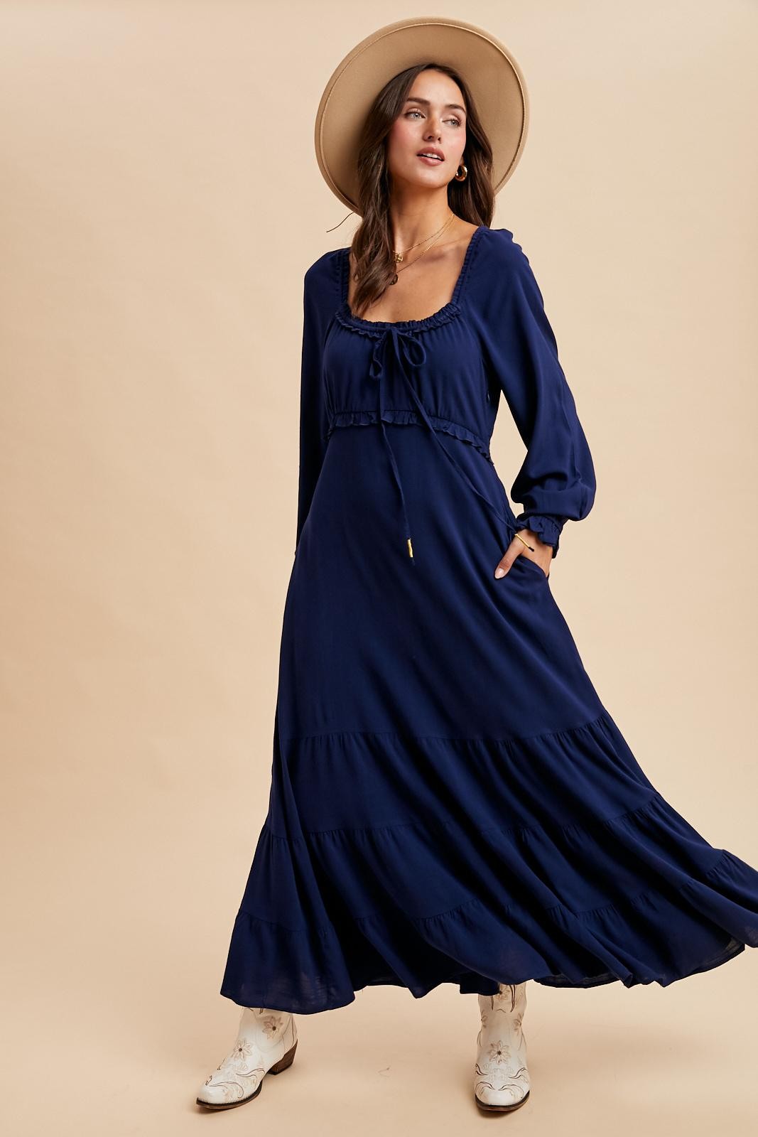 Navy Ruffled Fit And Flare Maxi Dress