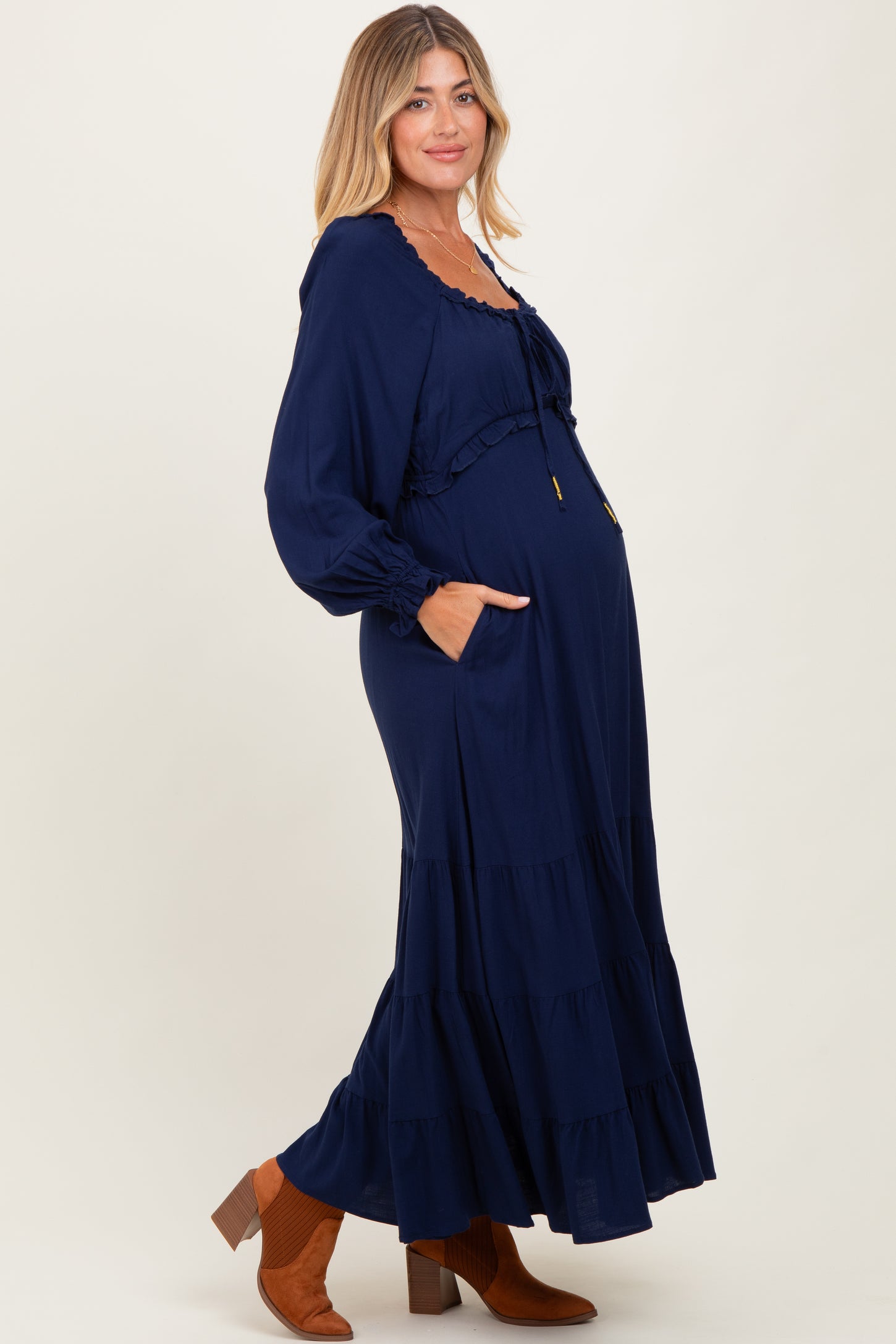 Navy Ruffled Fit And Flare Maternity Maxi Dress