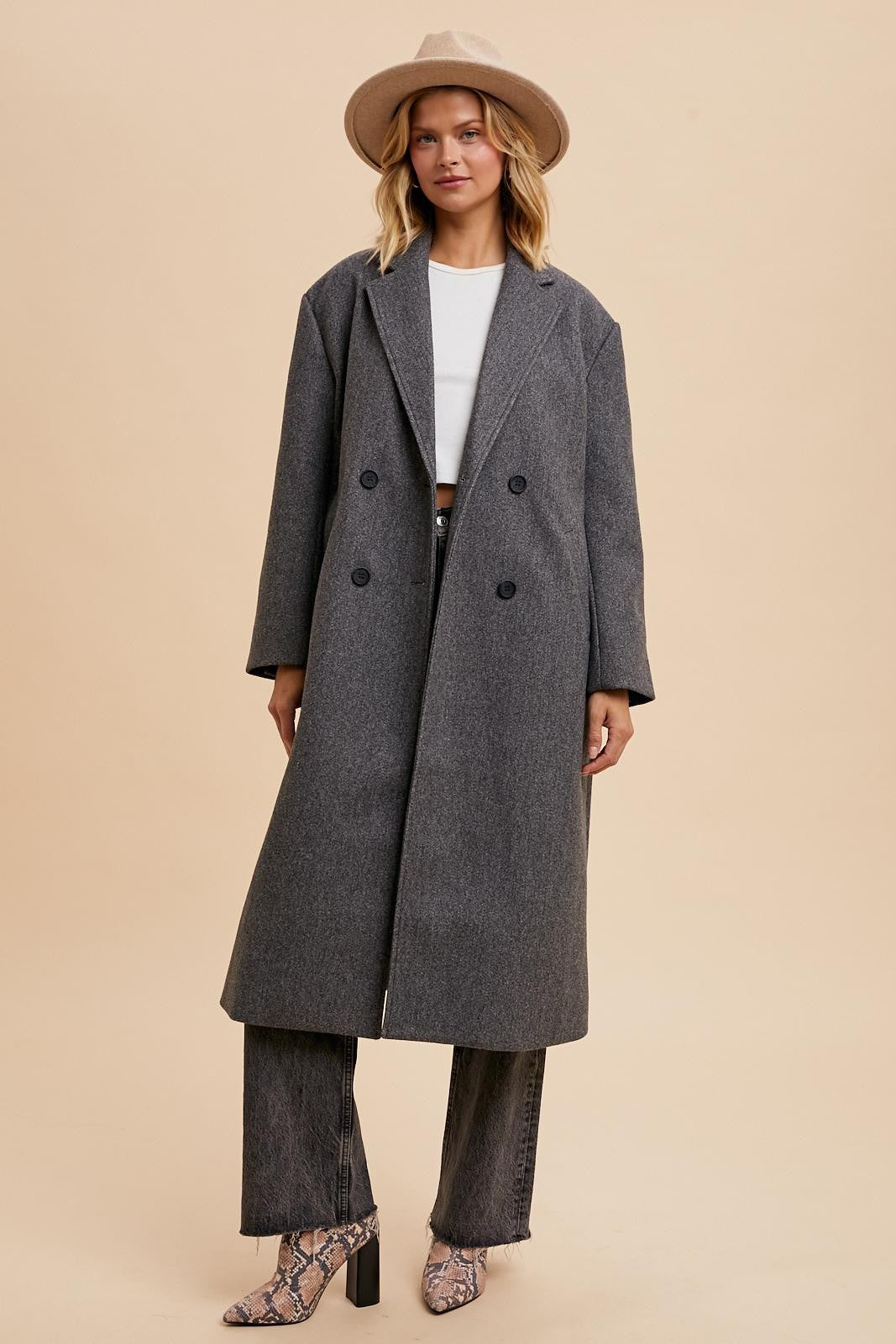 Charcoal Felted Double Breasted Lapel Duster Coat