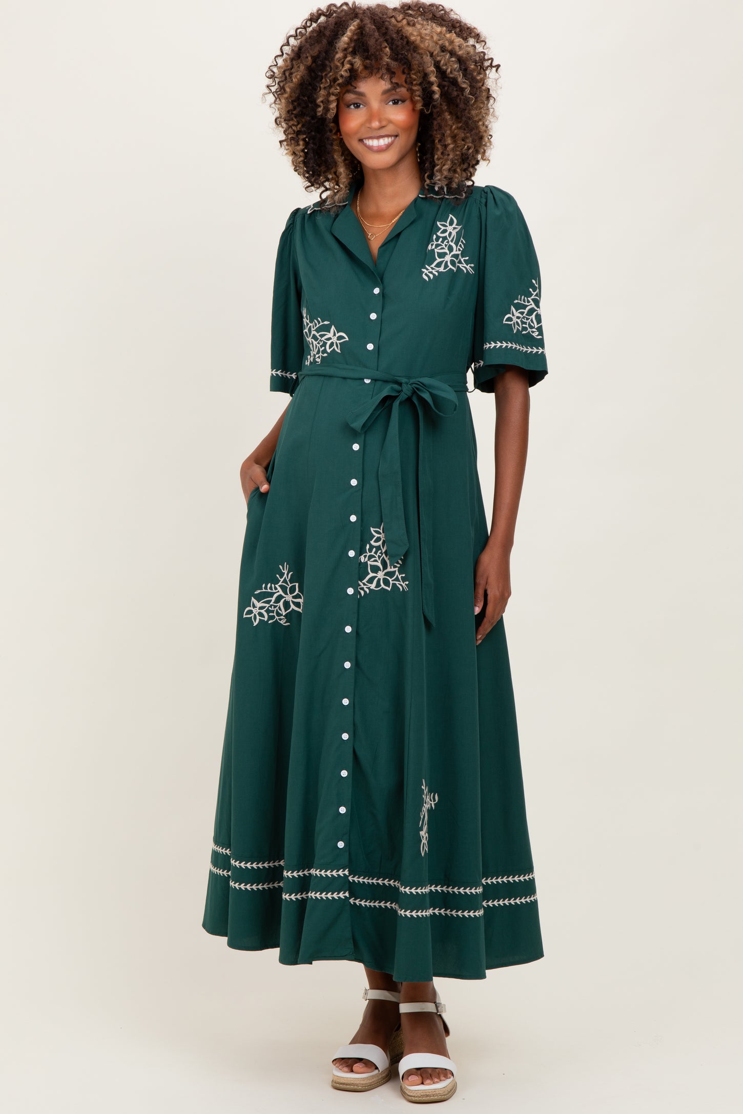 Emerald Embroidered Button Down Maternity Maxi Dress