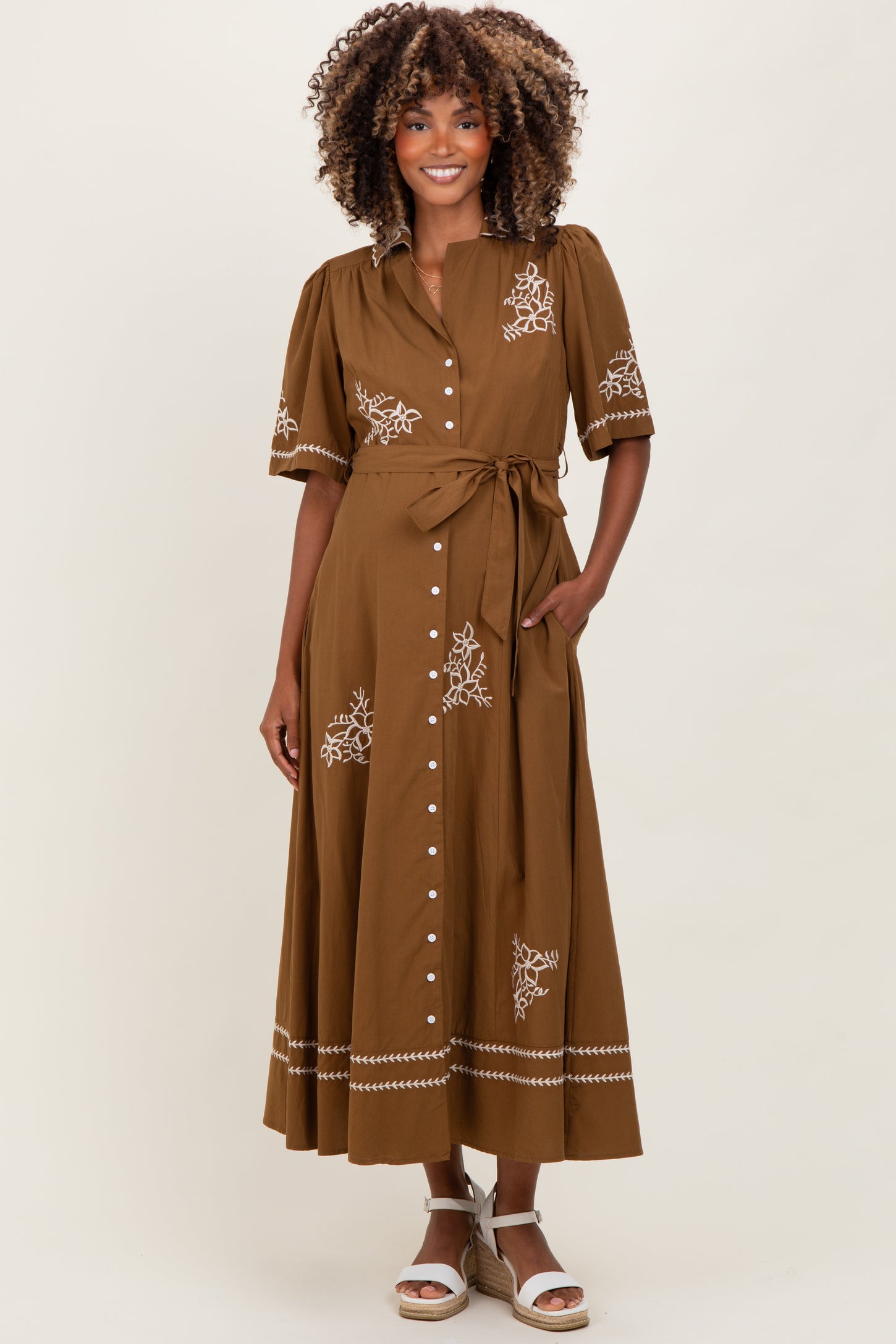 Brown Embroidered Button Down Maternity Maxi Dress