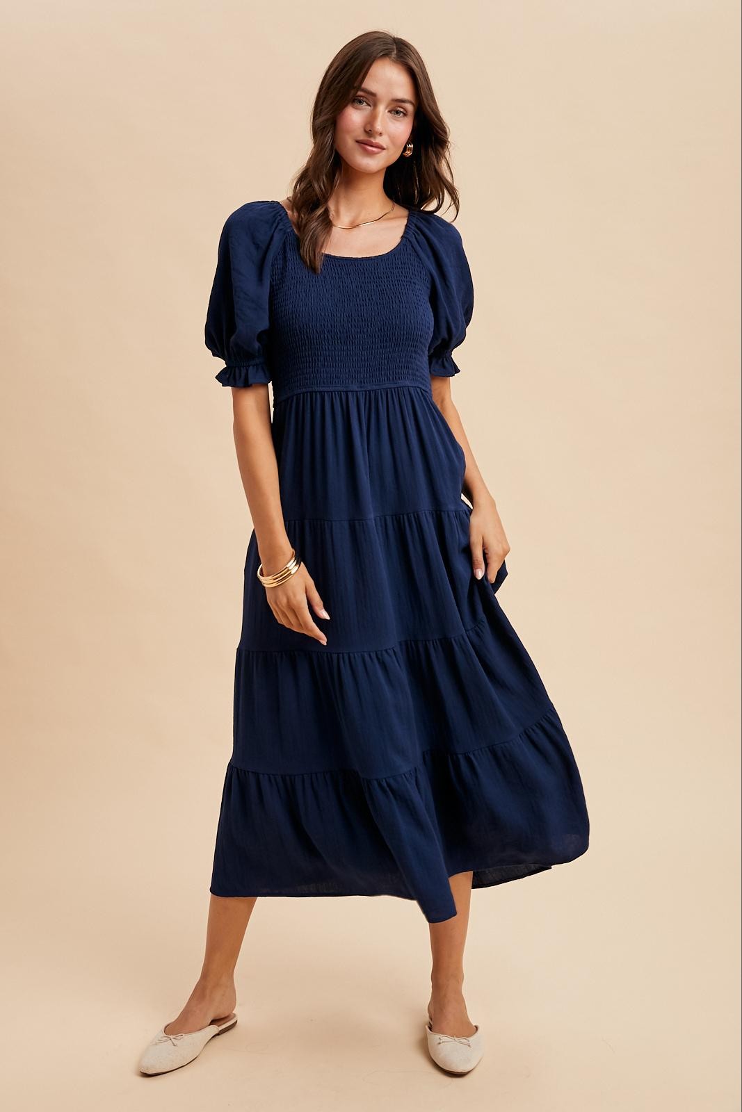 Navy Smocked Tiered Maxi Dress