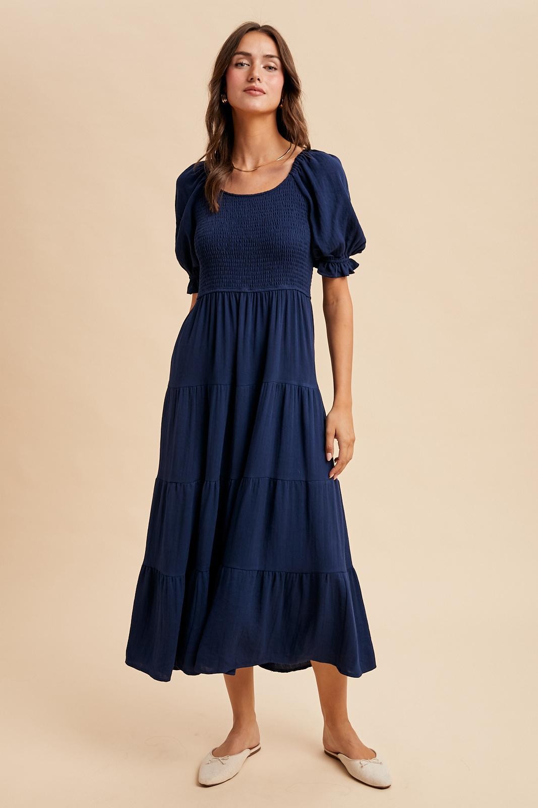 Navy Smocked Tiered Maxi Dress