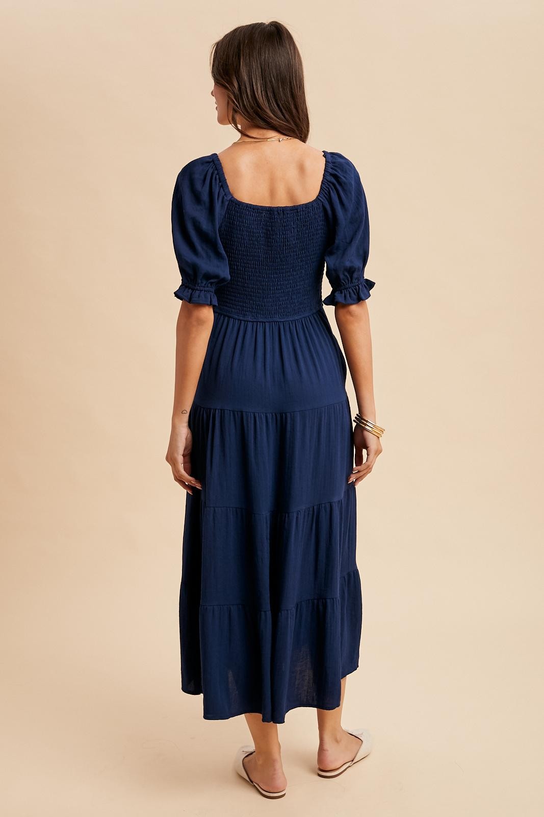 Navy Smocked Tiered Maxi Dress