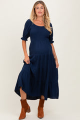 Navy Smocked Tiered Maternity Maxi Dress