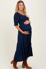 Navy Smocked Tiered Maternity Maxi Dress