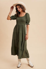 Olive Smocked Tiered Maternity Maxi Dress