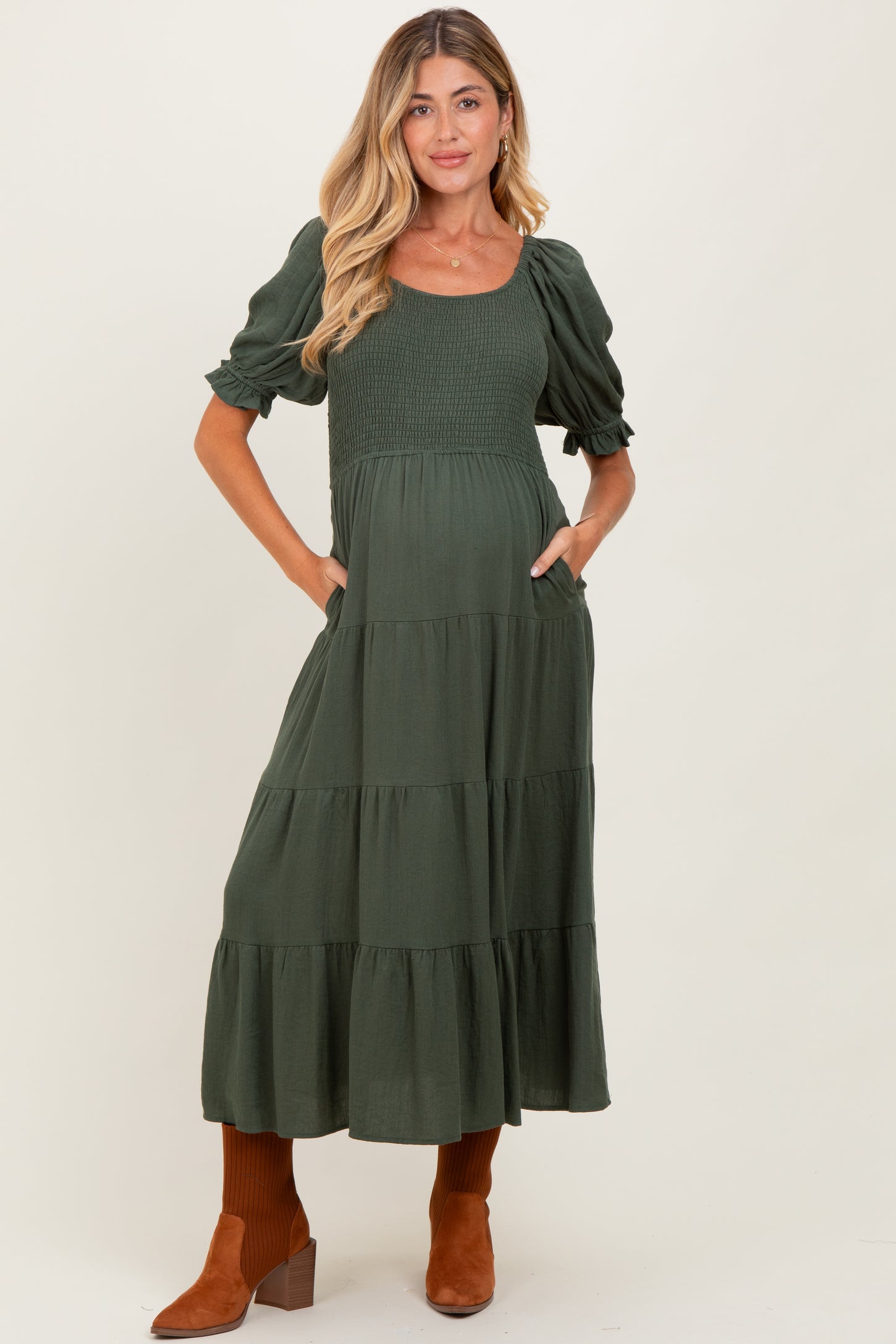 Olive Smocked Tiered Maternity Maxi Dress