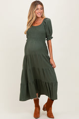 Olive Smocked Tiered Maternity Maxi Dress