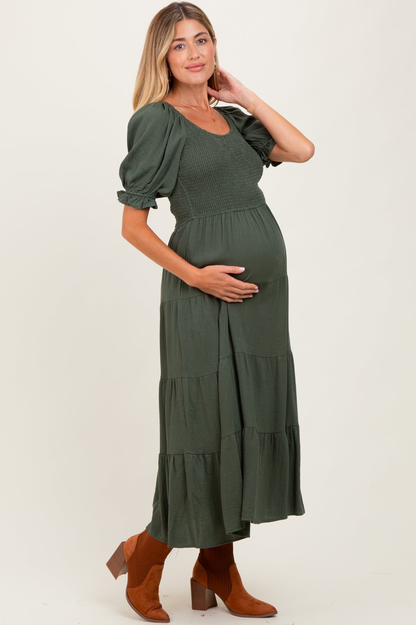 Olive Smocked Tiered Maternity Maxi Dress